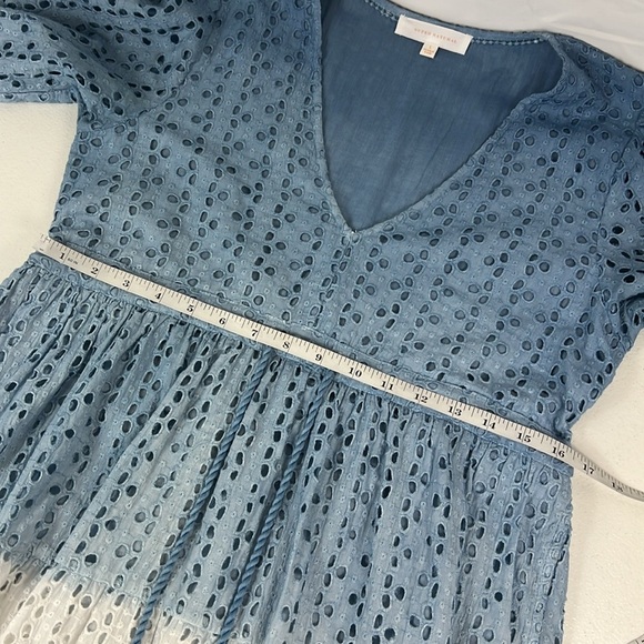Super Natural Sz L Tiered Eyelet Dress V Neck Blue Ombre V Neck Puff Sleeves - Picture 9 of 13
